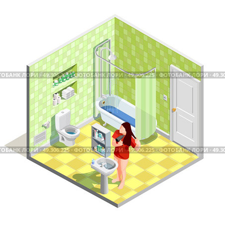 Bathroom Tinker Isometric Composition. Hygiene icons isometric composition with realistic bathroom interior sanitary fitments and female character drying her hair vector illustration. Стоковая иллюстрация, агентство Ingram Publishing / Фотобанк Лори