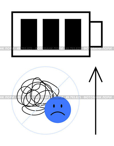 Battery symbol, scribbled mind with unhappy face inside crossed circle, and arrow pointing upwards. Ideal for stress management, mental health, motivation, energy renewal, productivity tips. Simplified battery icon above scribbled mind with a sad face, showing transition and upward arrow. Стоковая иллюстрация, агентство Ingram Publishing / Фотобанк Лори