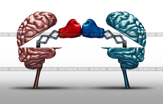 Battle of the brains and war of wit concept as two opposing open human brain symbols fighting as a debate or dispute metaphor and an icon for creative competition in a 3D illustration style. Стоковое фото, агентство Ingram Publishing / Фотобанк Лори