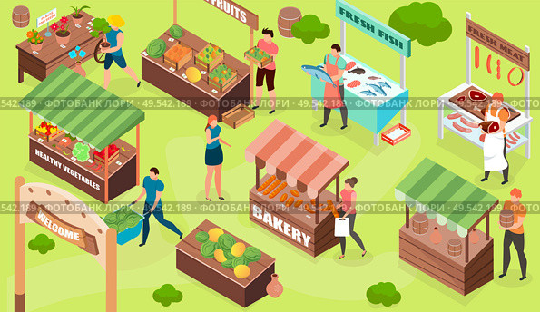 Bazaar isometric composition with outdoor view of market stalls selling food and goods with human characters vector illustration. Стоковая иллюстрация, агентство Ingram Publishing / Фотобанк Лори