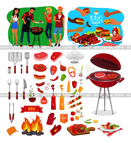 BBQ party barbeque posters and isolated icons vector set. People cooking outdoor on grill grid. Meat beef pork and salmon flatware and served dishes. BBQ Party Posters and Icons Vector Illustration. Стоковая иллюстрация, агентство Ingram Publishing / Фотобанк Лори