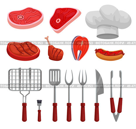 BBQ set, barbecue tools, meat vector icon. Beef and fish steak, hot dog, chicken and knife, fork and spatula, grille and brush, forceps and headpiece. BBQ Set, Barbecue Equipment and Meat, Vector Icon. Стоковая иллюстрация, агентство Ingram Publishing / Фотобанк Лори