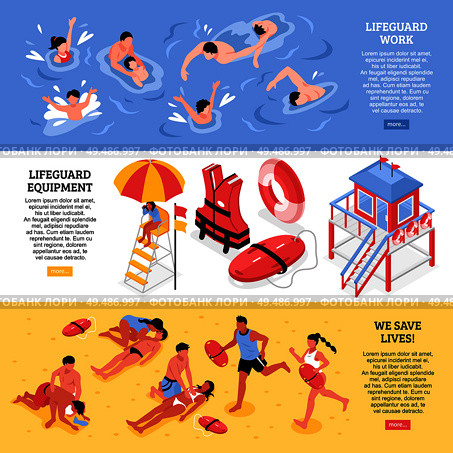 Beach lifeguards horizontal banners  illustrated lifeguard work equipment and rescue accessories isometric vector illustration. Стоковая иллюстрация, агентство Ingram Publishing / Фотобанк Лори
