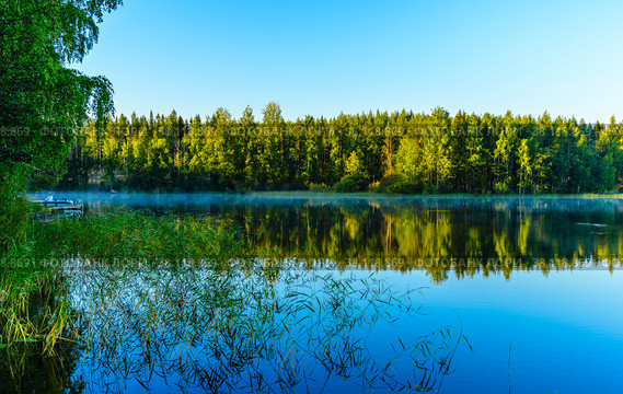 Beaitiful landscape of Lake Haukivesi during sunrise. Light fog over the water. Specular reflection in the water.  Saimaa lake system, Rantasalmi, Savo, Finland. Стоковое фото, фотограф Михаил Аккуратoв / Фотобанк Лори