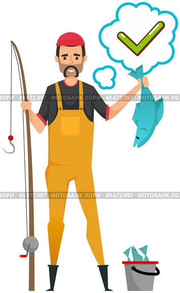 Bearded fisherman stands with catch, fish in his hands. Man holding fishing rod to catch fishes. Male character agrees, says yes. Fisher and agree icon, green checkmark sticker in speech bubble. Fisher and agree icon, green checkmark in speech bubble Bearded fisherman stands with catch, fish. Стоковая иллюстрация, агентство Ingram Publishing / Фотобанк Лори
