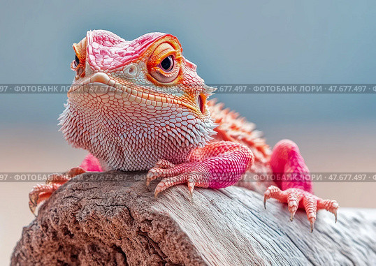 Bearded Majesty: A close-up of a crimson bearded dragon basking on weathered wood, a study in reptilian grace and serene contemplation. Стоковое AI-изображение, AI-художник Данила Большаков / Фотобанк Лори