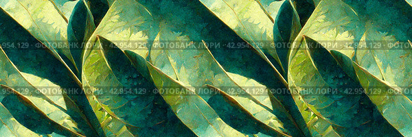 Beautiful abstract panoramic background. Picturesque pattern of green leaves, inspired by nature. Foliage is olive green. Wide texture background with seamless pattern. Great for design. Generative AI. Стоковое AI-изображение, AI-художник Андрей Степанов / Фотобанк Лори