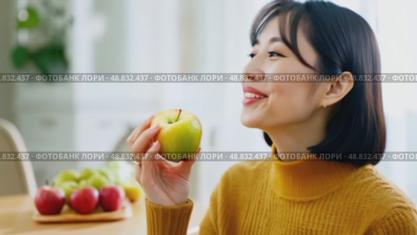 Beautiful, attractive, Asian woman in yellow sweater and shining smile confidently looking at camera, 4k, active lifestyle. Business concept, thinking about something, passionate about hobby. Стоковое AI-видео, аниматор ALLA YURTAYEVA / Фотобанк Лори