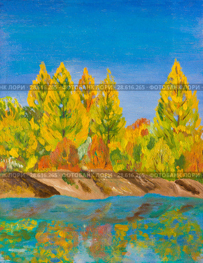 Beautiful autumn landscape with blue sky. Oil painting. Стоковая иллюстрация, иллюстратор Олег Хархан / Фотобанк Лори