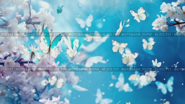 Beautiful bright summer spring background for bloggers or advertising with flying butterflies and fragrant flowers. Стоковое AI-видео, аниматор ALLA YURTAYEVA / Фотобанк Лори