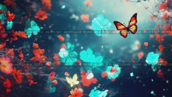 Beautiful bright summer spring background for bloggers or advertising with flying butterflies and fragrant flowers. Стоковое AI-видео, аниматор ALLA YURTAYEVA / Фотобанк Лори