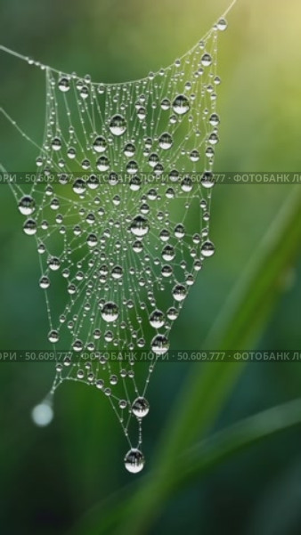 Beautiful drops of dew on a cobweb on a green background. Стоковое AI-видео, аниматор Sergey Grishin / Фотобанк Лори