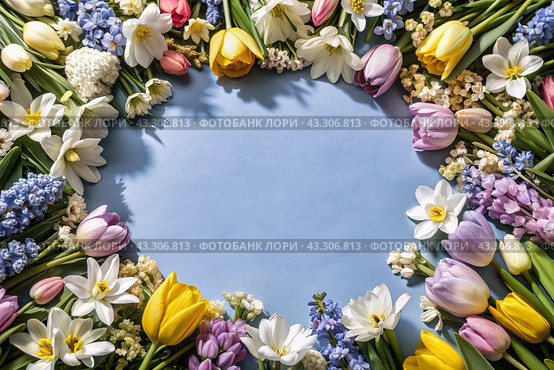 Beautiful floral background. A frame of spring flowers with tulips, daffodils, crocuses, hyacinths. View from above. Space for text. Стоковое AI-изображение, AI-художник Photojuli / Фотобанк Лори