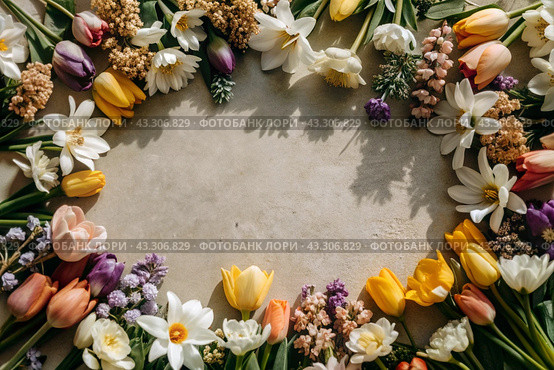 Beautiful floral background. A frame of spring flowers with tulips, daffodils, crocuses, hyacinths. View from above. Space for text. Стоковое AI-изображение, AI-художник Photojuli / Фотобанк Лори