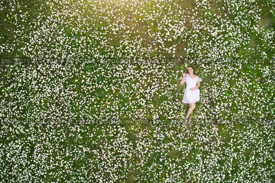 Beautiful girl lies in camomile daisy flower. View from above. Aerial photography. Стоковое фото, агентство Ingram Publishing / Фотобанк Лори