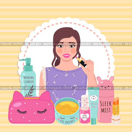 Beautiful girl makes look and does makeup, looks after beauty and paints lips on yellow background. Makeup cosmetics tools and Korean cosmetics. Beauty products collection for skin care and health. Beautiful girl makes look and does makeup looks after beauty and paints lips on yellow background. Стоковая иллюстрация, агентство Ingram Publishing / Фотобанк Лори