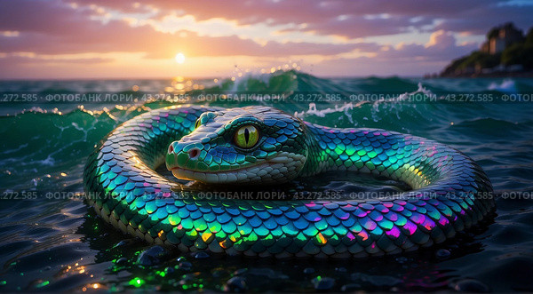 Beautiful green snake on the water surface. Стоковое AI-изображение, AI-художник Виктория Кольцова / Фотобанк Лори