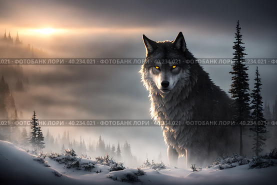 Beautiful northern landscape with giant wolf looking at you, warg Fenrir, AI generated. Стоковое AI-изображение, AI-художник Сергей Старуш / Фотобанк Лори