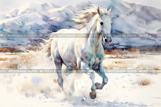 Beautiful running white horse on a light background, watercolor style, Generative AI. Стоковое AI-изображение, AI-художник Анна Кривицкая / Фотобанк Лори