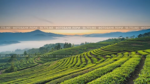 Beautiful sunrise scene with mist covering the valley and rows of green tea plantations spread across rolling hills and slopes. Misty sunrise over terraced tea fields. Стоковое AI-видео, аниматор Башкирова Анна / Фотобанк Лори
