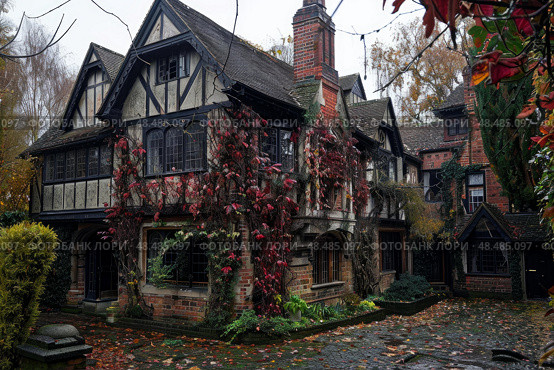 Beautiful tudor revival style house with climbing vines in autumn. Стоковое AI-изображение, AI-художник Иван Рябоконь / Фотобанк Лори