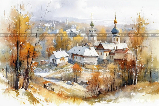 Beautiful village landscape with church at the beginning of winter, watercolor style, Generative AI. Стоковое AI-изображение, AI-художник Анна Кривицкая / Фотобанк Лори
