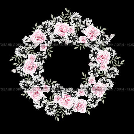 Beautiful watercolor wreath  with roses  flowers, gypsophila and leaves. Illustration. Beautiful watercolor wreath  with roses  flowers, gypsophila and leaves. Стоковое фото, агентство Ingram Publishing / Фотобанк Лори