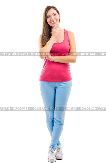 Beautiful woman isolated over a white background thinking on something. Стоковое фото, агентство Ingram Publishing / Фотобанк Лори