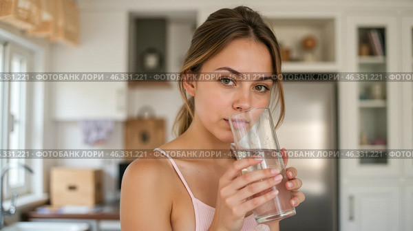 Beautiful young female enjoying clean water in bright kitchen, holding transparent glass, hydration and healthy, fresh look, morning wellness, relaxed pose, staying refreshed, home atmosphere. Стоковое AI-изображение, AI-художник Павел Муравьев / Фотобанк Лори
