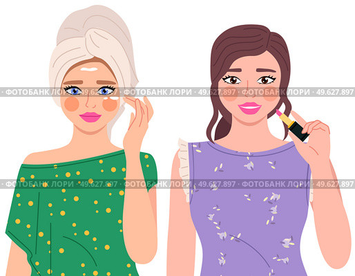 Beautiful young girl makes look and does makeup, cares for skin and paints lips isolated on white. Female character applies cream to the skin after taking a bath, painted with pink lipstick. Beautiful young girl makes look and does makeup, cares for skin and paints lips isolated on white. Стоковая иллюстрация, агентство Ingram Publishing / Фотобанк Лори