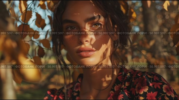 Beautiful young woman in a floral dress surrounded by autumn leaves during golden hour at a serene outdoor location. Стоковое AI-видео, аниматор Сергей Толмачёв / Фотобанк Лори
