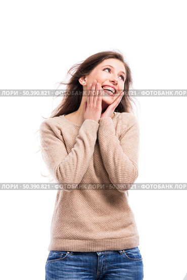 Beautiful young woman laughing, isolated over white background. Стоковое фото, агентство Ingram Publishing / Фотобанк Лори