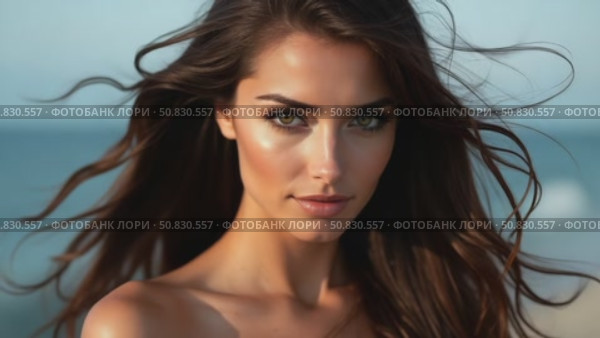Beauty portrait of a brunette woman with flying hair in the wind. Professional makeup, perfect face of a sexy woman. Стоковое AI-видео, аниматор Sergey Grishin / Фотобанк Лори
