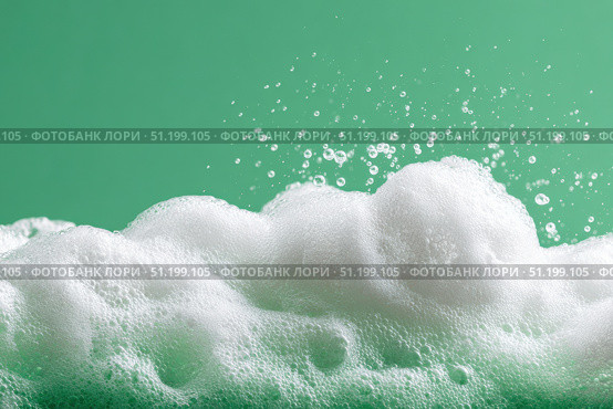 Beauty Product Foam Soap. Abstract background white soapy foam flowing texture. Shampoo foam with bubbles. Bubble surface isolated on a green color. Chroma key. Suds. Facial cleanser. Froth Pattern. Стоковое AI-изображение, AI-художник Марина Демидюк / Фотобанк Лори