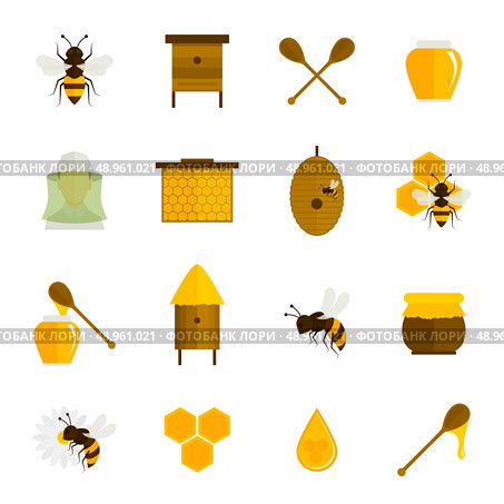 Bee honey icons flat set with food beekeeping agriculture elements isolated vector illustration. Стоковая иллюстрация, агентство Ingram Publishing / Фотобанк Лори