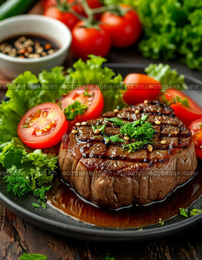 Beefsteak marinated with soy sauce, garlic and honey. Enjoy your meal! Стоковое AI-изображение, AI-художник Сергей Елизарьев / Фотобанк Лори