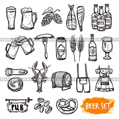 Beer black doodle icons set. Beer black pictograms set with oak barrel hop malted barley grain and snacks doodle isolated vector illustration. Стоковая иллюстрация, агентство Ingram Publishing / Фотобанк Лори