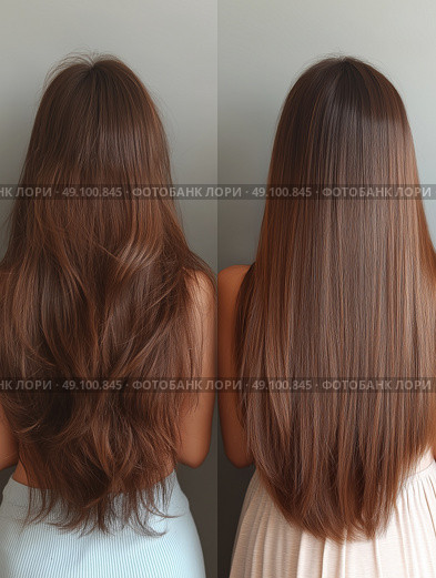 Before and after hair care: back view - transforming dry and frizzy hair into smooth and shiny hair. Уход за волосами до и после: вид сзади - превращение сухих и пушащихся волос в гладкие и блестящие. Стоковое AI-изображение, AI-художник Katsiaryna Repich / Фотобанк Лори