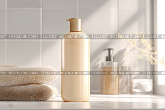 Beige cosmetic plastic bottle with pump packaging for cream, lotion, medicine, shampoo or liquid soap on light bathroom background. Clean bath. Blank skincare beauty product tube template. Empty jar. Стоковое AI-изображение, AI-художник Марина Демидюк / Фотобанк Лори