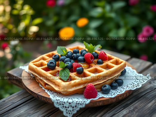 Belgian waffles with golden honey and fresh blueberries, raspberries and mint leaves on a rustic wooden table with a beautiful napkin. Delicious dessert. Copy space. Стоковое AI-изображение, AI-художник Iva Noel / Фотобанк Лори