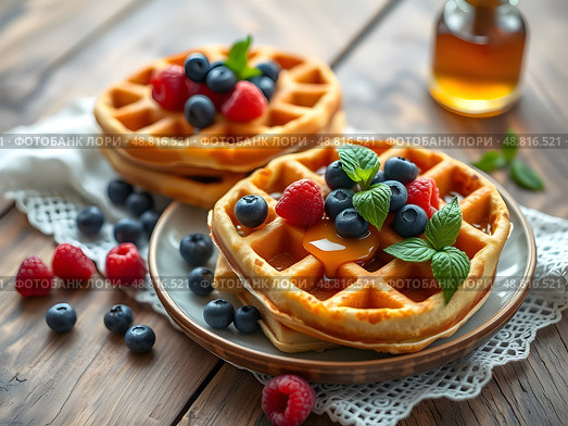 Belgian waffles with honey and fresh blueberries, raspberries and mint leaves on a wooden table with a beautiful napkin. Delicious dessert. Copy space. Стоковое AI-изображение, AI-художник Iva Noel / Фотобанк Лори