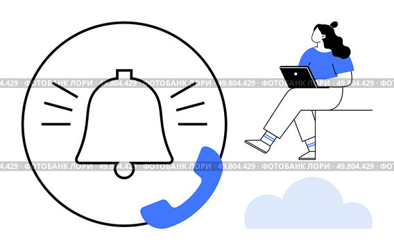 Bell icon symbolizing notifications, phone call icon, woman sitting with laptop, and a cloud. Ideal for digital communication, work-from-home concepts, reminders, updates, technology, user. Notifications and Communication Woman with Laptop Next to Bell and Phone Call Icons. Стоковая иллюстрация, агентство Ingram Publishing / Фотобанк Лори