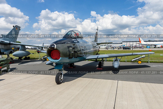 BERLIN, GERMANY - JUNE 02, 2016: Jet fighter aircraft Canadair CL-13A Sabre 5. German Air Force (Luftwaffe). Exhibition ILA Berlin Air Show 2016. Редакционное фото, фотограф Sergey Kohl / Фотобанк Лори