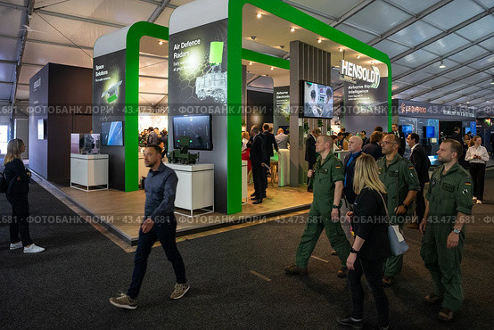 BERLIN - JUNE 06, 2024: The stand of Hensoldt AG - the company which focuses on sensor technologies for protection and surveillance missions in the defence and security. ILA Berlin Air Show 2024. Редакционное фото, фотограф Sergey Kohl / Фотобанк Лори