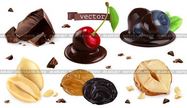 Berries, nuts and chocolate. Blueberry, cherry, peanut, hazel, raisin, 3d vector set. Стоковая иллюстрация, агентство Ingram Publishing / Фотобанк Лори