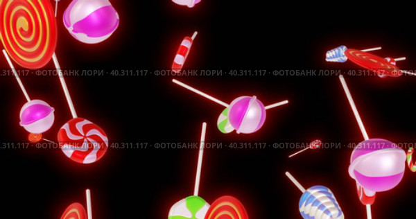 Бесшовный циклический анимированный фон из летающих конфет на черном фоне. Стоковая анимация, аниматор WalDeMarus / Фотобанк Лори