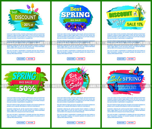 Best choice big spring sale advertisement tag labels with tulip crocus snowdrop lavender flowers on sticker, vector springtime advertisement butterfly. Best Choice Big Spring Sale Adver Tag Label Poster. Стоковая иллюстрация, агентство Ingram Publishing / Фотобанк Лори
