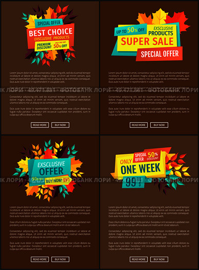 Best choice exclusive product offer of shop. Autumn discounts and sellout of products natural goods. Reduced prices decreased costs sale set vector. Best Choice Exclusive Product Vector Illustration. Стоковая иллюстрация, агентство Ingram Publishing / Фотобанк Лори