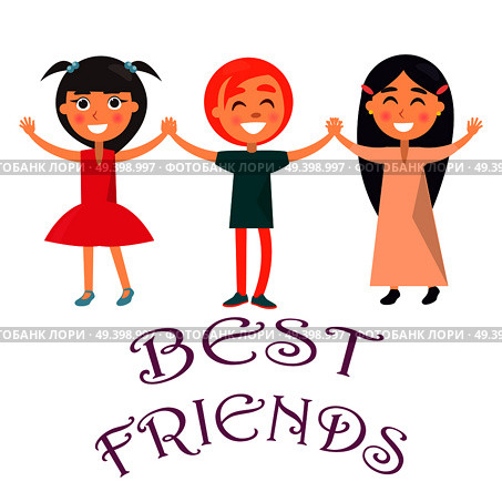 Best friends celebrate international holiday for children. Smiling young kids wishes happy global childrens day vector illustration. Best Friends Celebrate Holiday for Children Vector. Стоковая иллюстрация, агентство Ingram Publishing / Фотобанк Лори