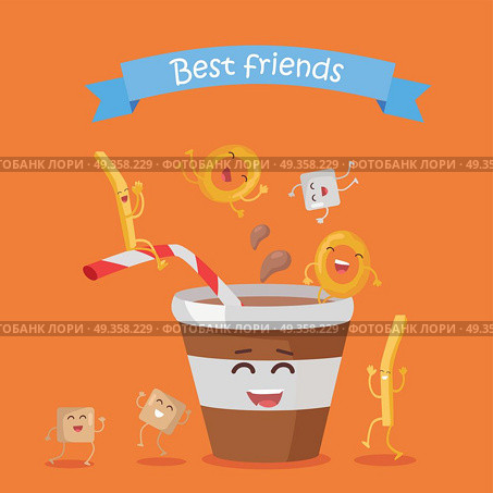 Best Friends, Food Banner. Best friends, food banner. Happy fast food cartoon characters rejoice and dance. French fries, donuts and cola in plastic glass cartoon characters. Animated food on orange background. Стоковая иллюстрация, агентство Ingram Publishing / Фотобанк Лори